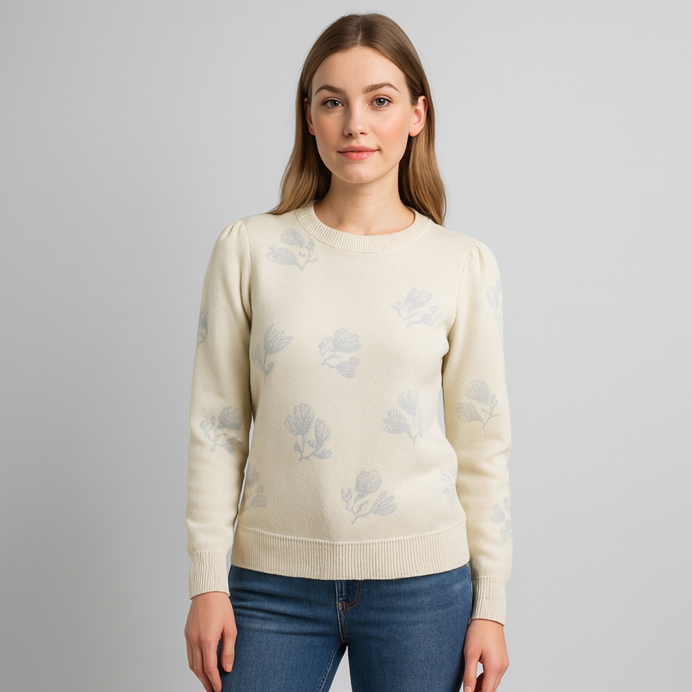 Rebecca Taylor Wool Puff Sleeve Sweater Small Floral Blue Beige Cream Cottage